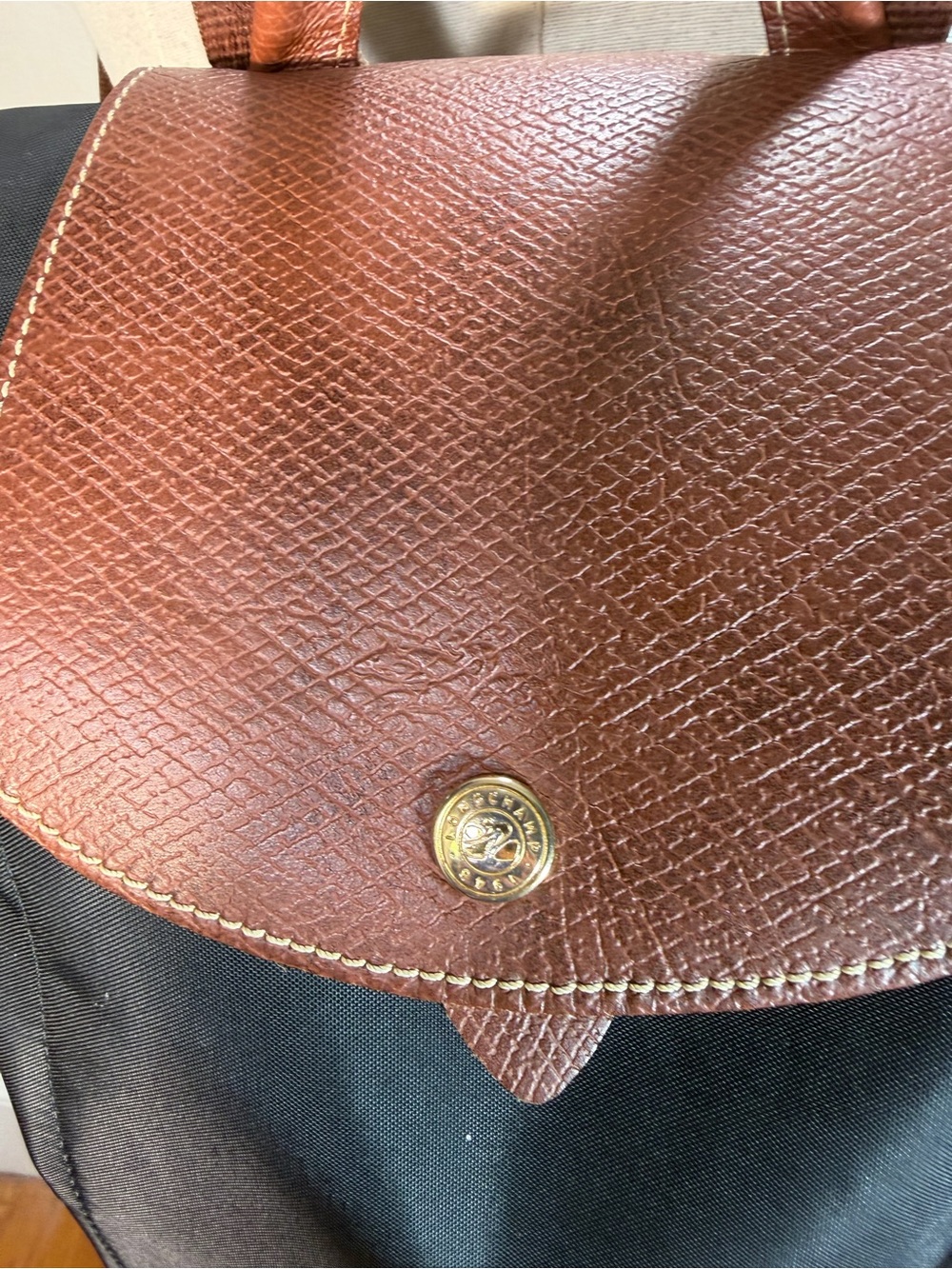 Longchamp Black Nylon Backpack with Brown Leather Trim - Picture 2 of 15